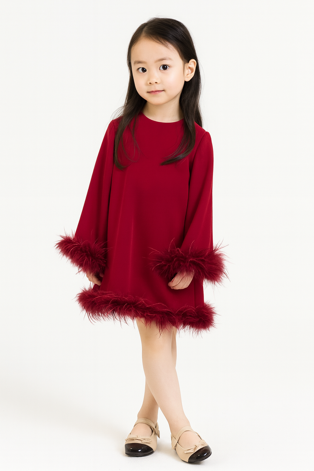GIRLS OSTRICH FEATHER TRIMMED DRESS