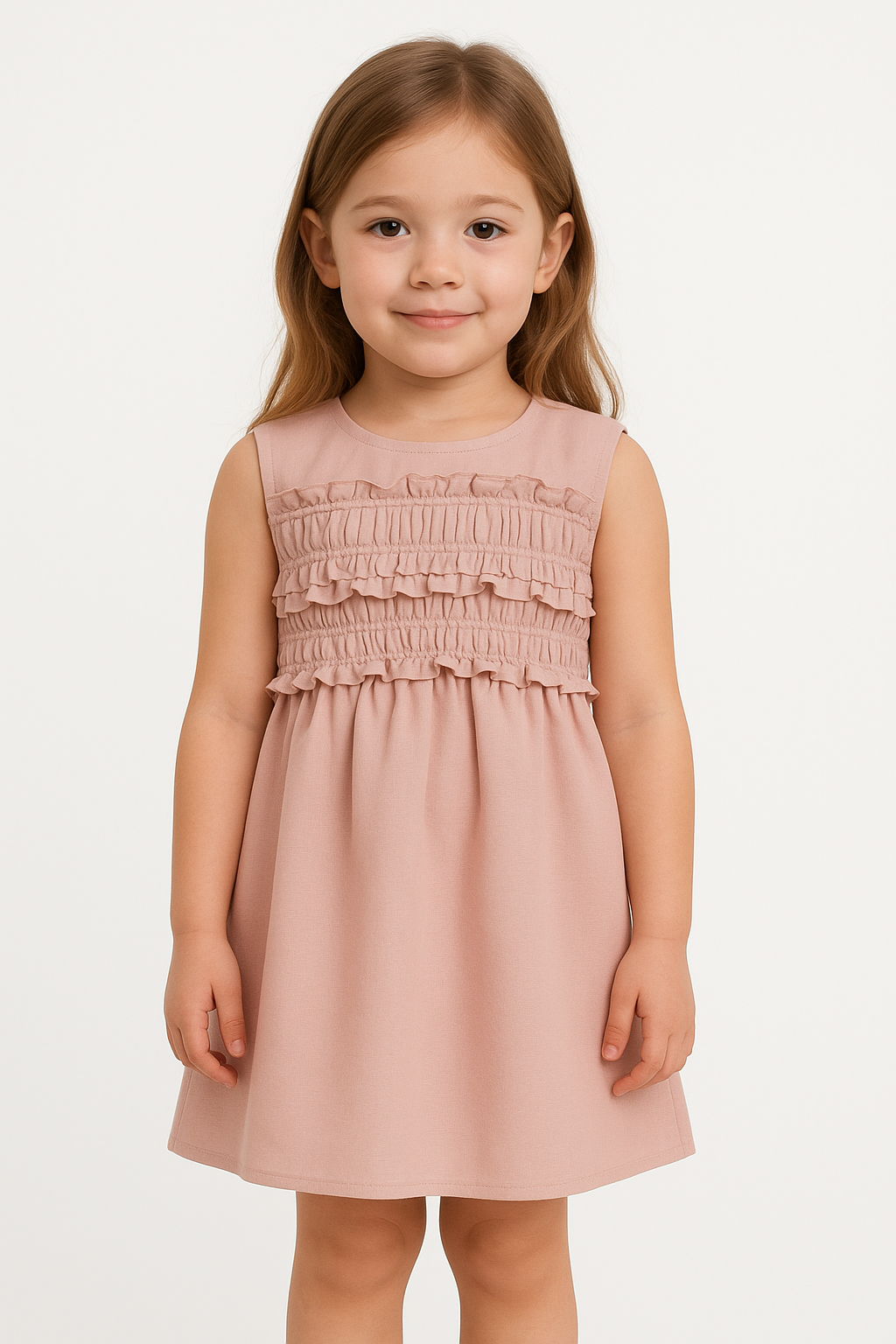 GIRLS SHIRRING DRESS DUSTY PINK