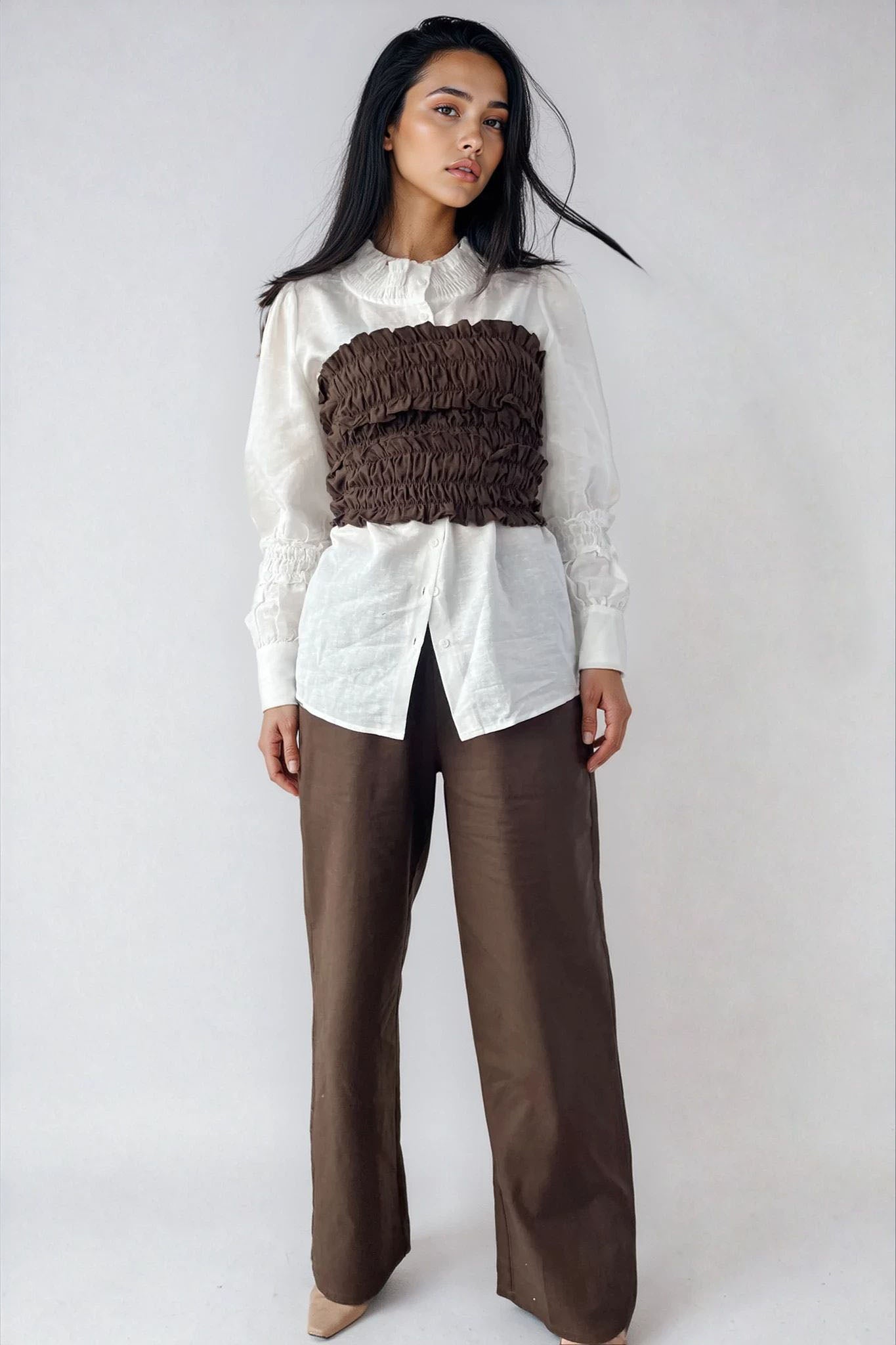 Womens High Waist Linen Trousers Chocolate