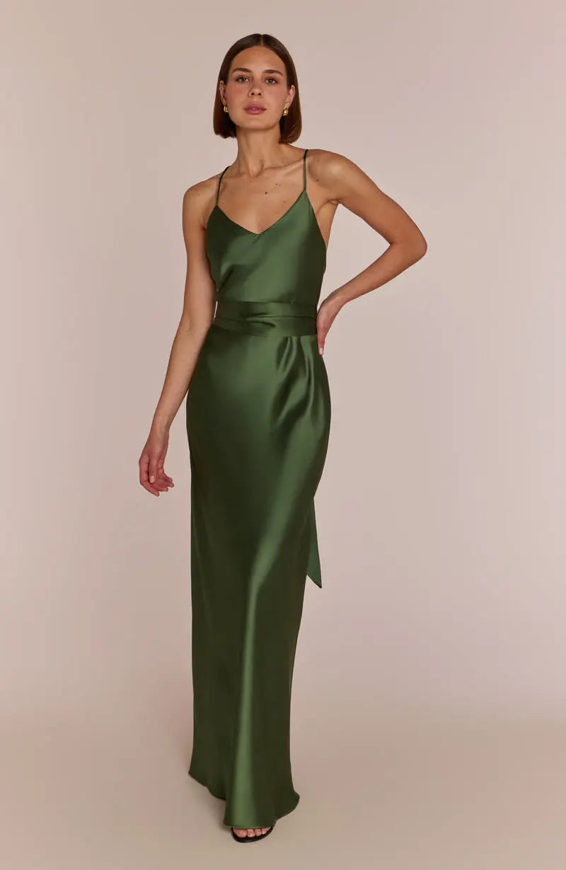 Brooklyn Dress in Olive Green Satin
