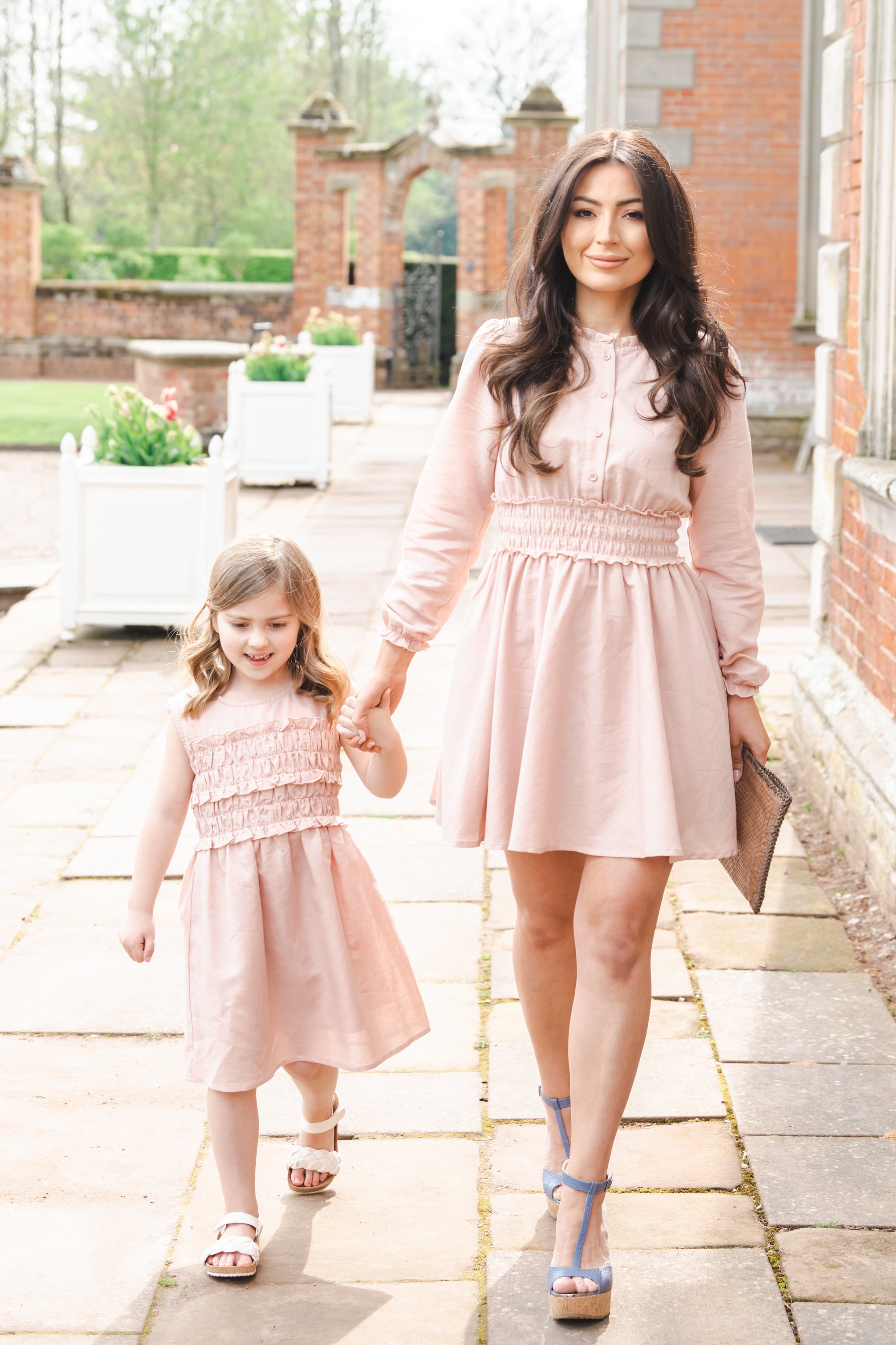 GIRLS SHIRRING DRESS DUSTY PINK