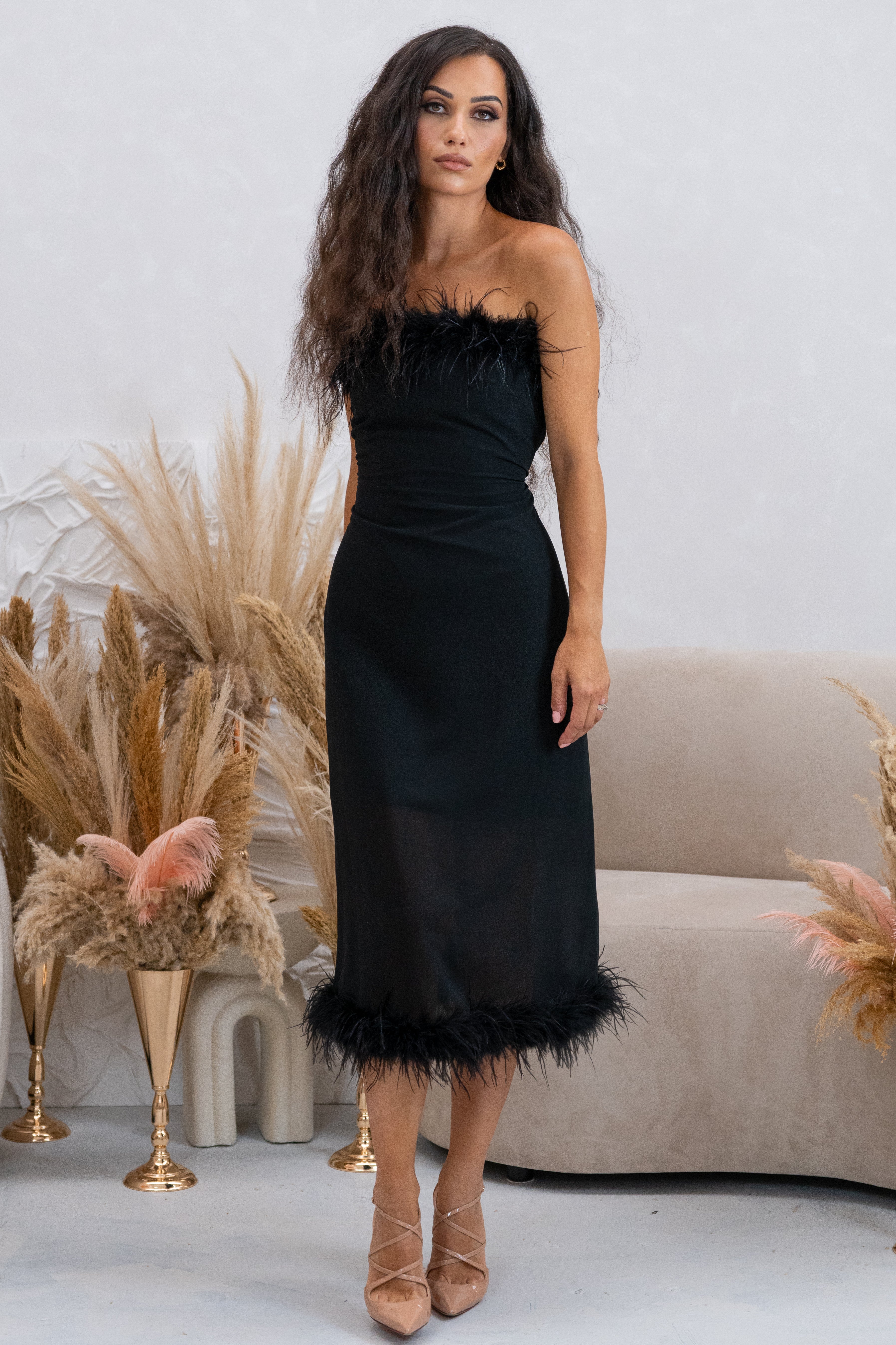 feather dress women WOMENS OSTRICH FEATHER TRIMMED DRESS