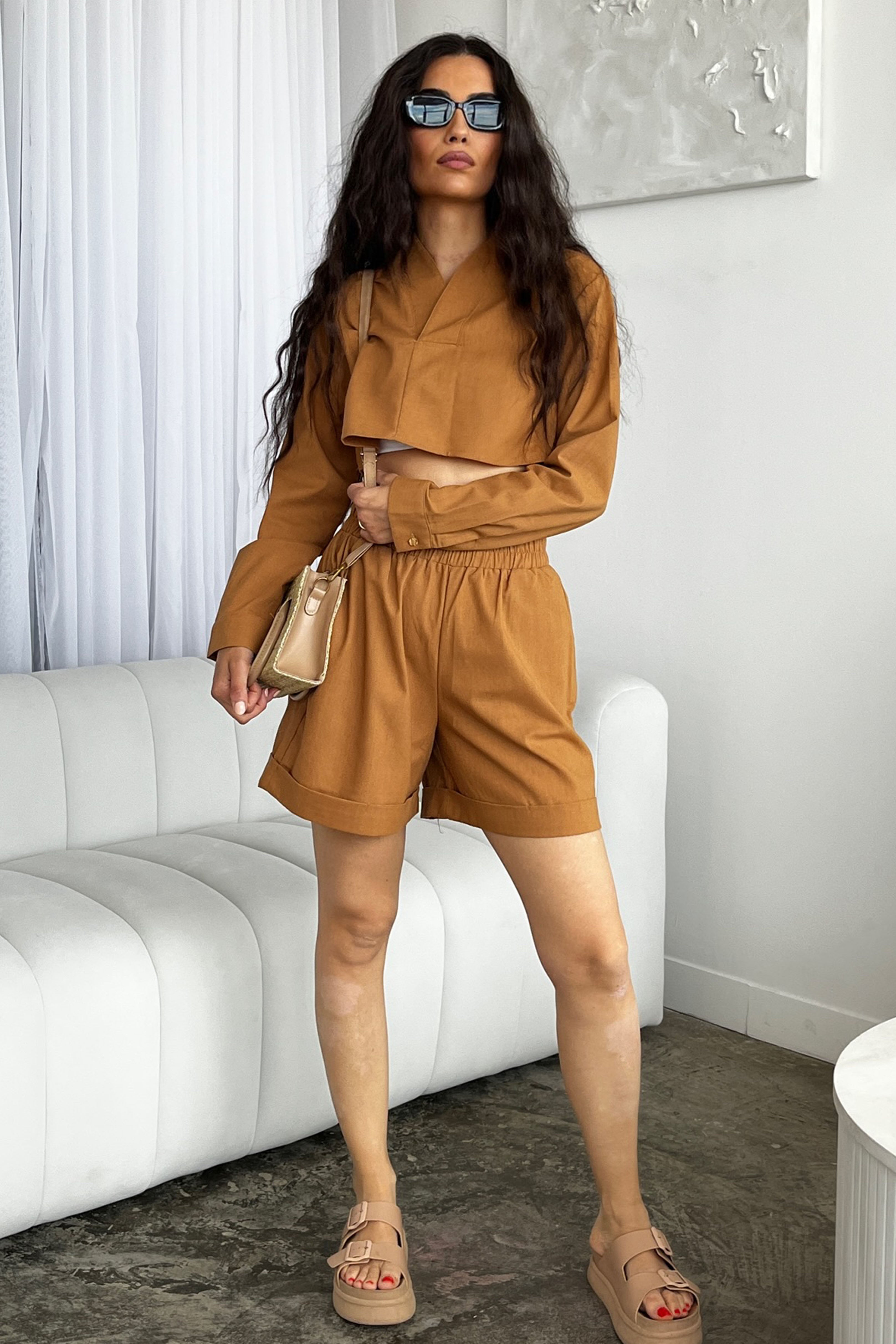 WOMENS HIGH WAIST SHORTS CARAMEL