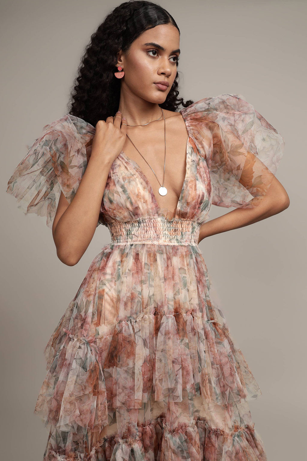 Womens Floral Tulle Maxi Dress