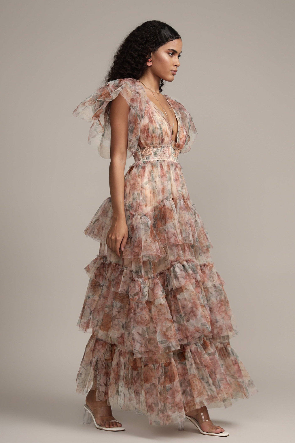 Womens Floral Tulle Maxi Dress