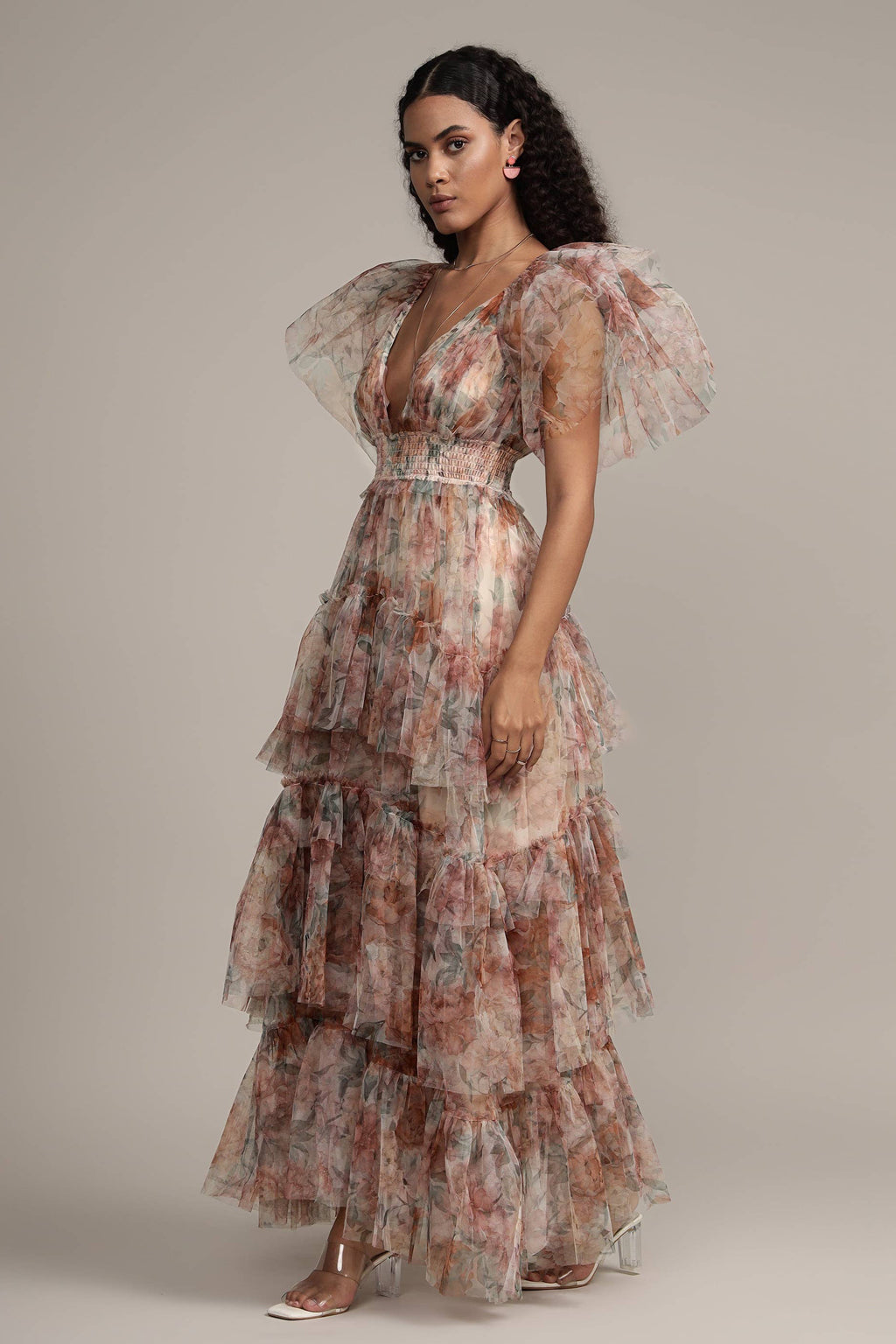 Womens Floral Tulle Maxi Dress