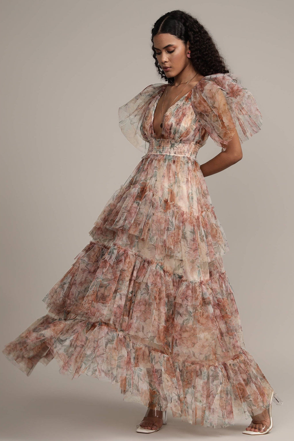 Womens Floral Tulle Maxi Dress