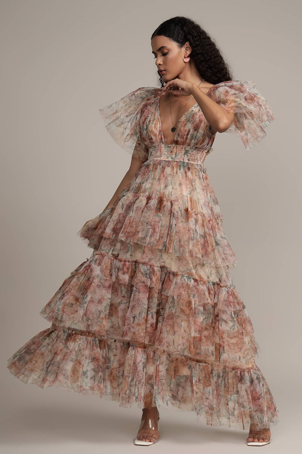 Womens Floral Tulle Maxi Dress