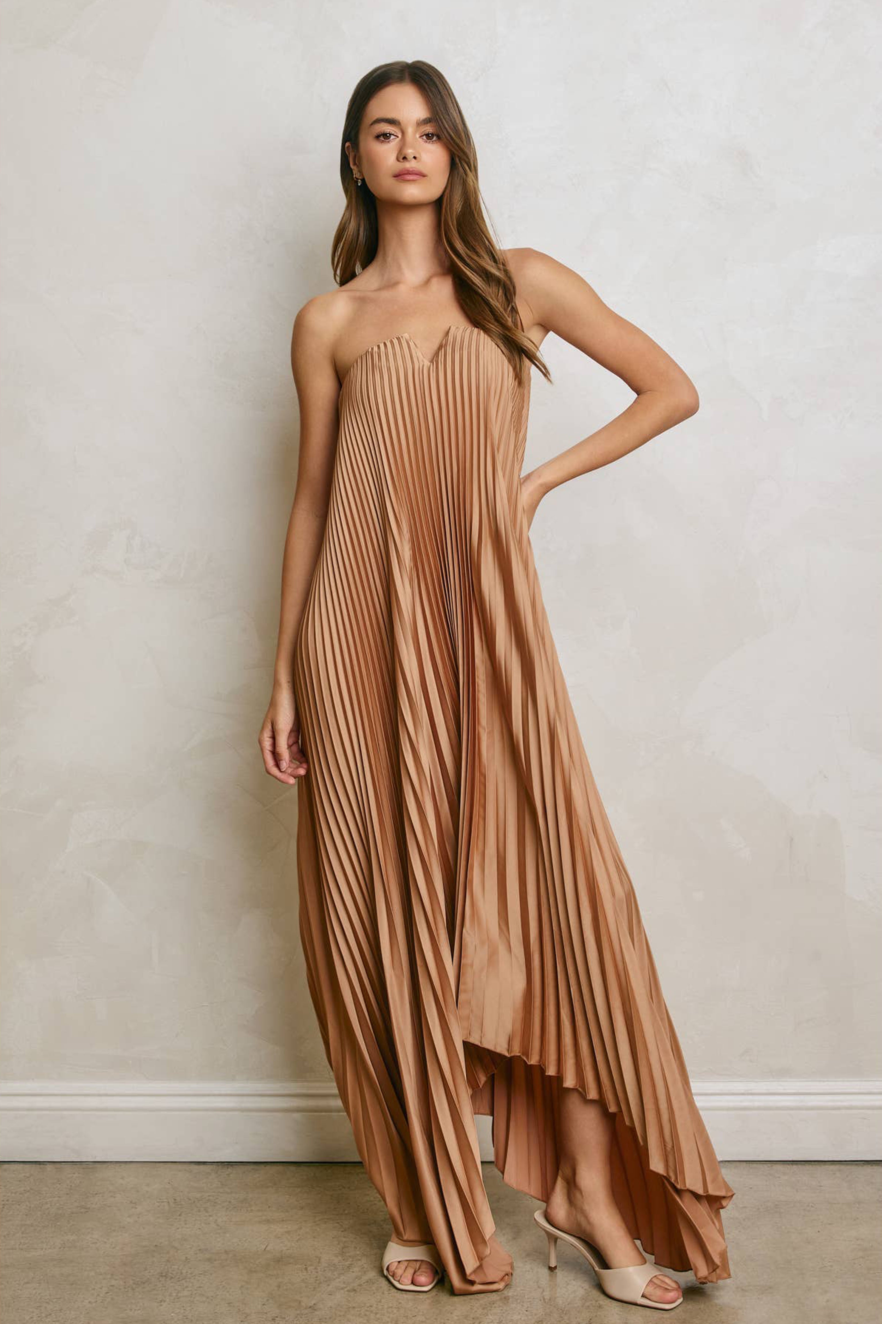 Womens Satin Pleated Maxi Dress
