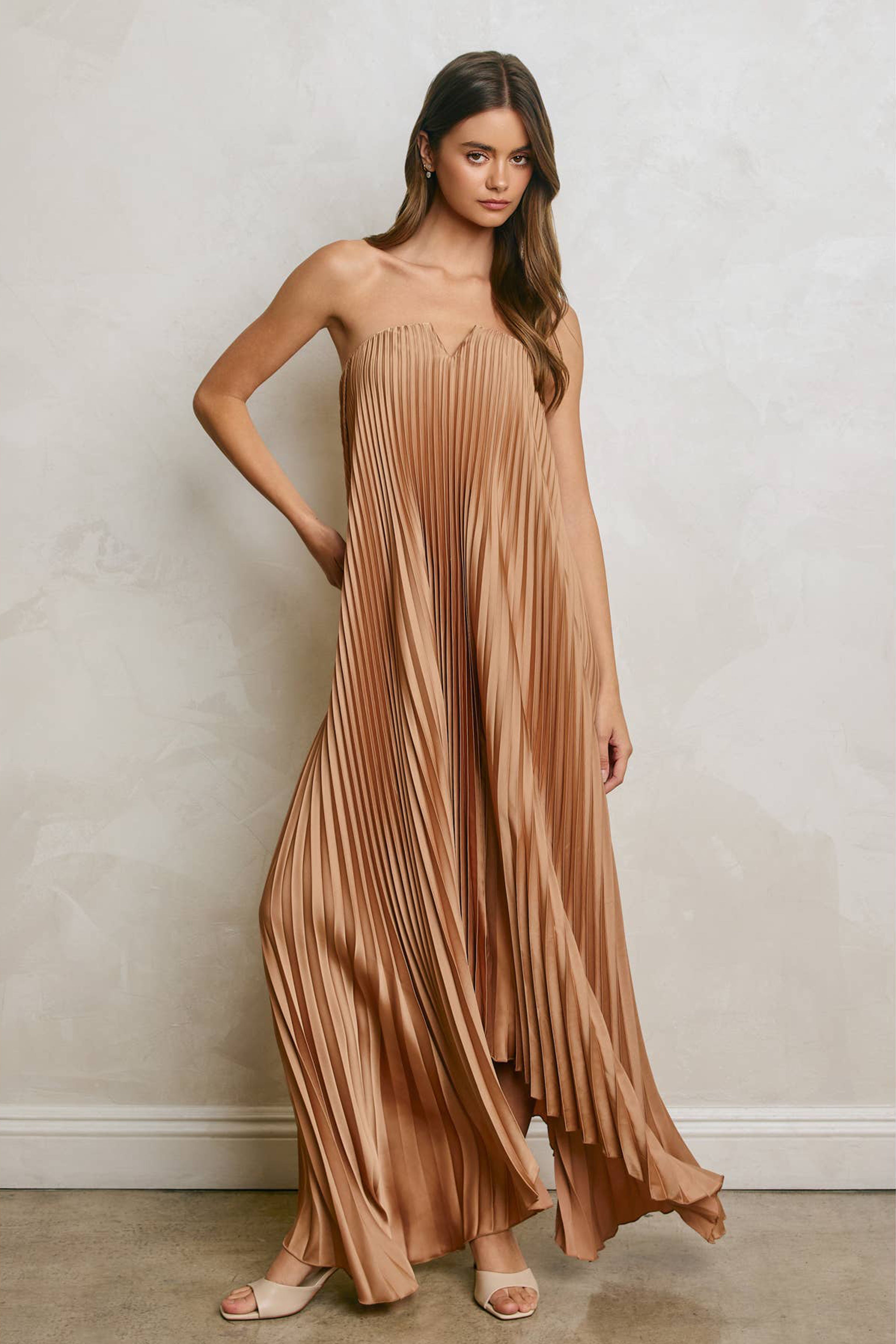 Womens Satin Pleated Maxi Dress