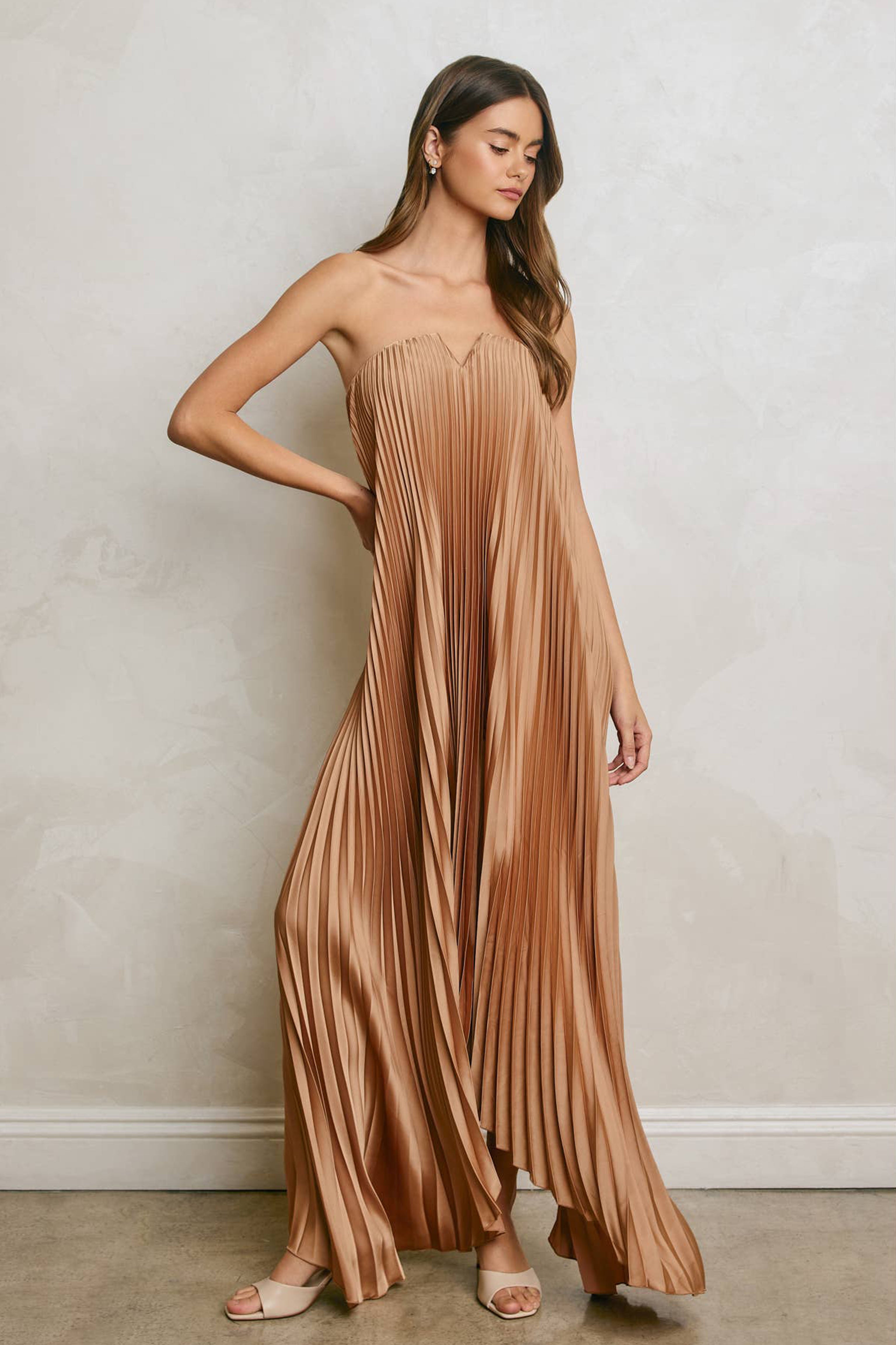 Womens Satin Pleated Maxi Dress