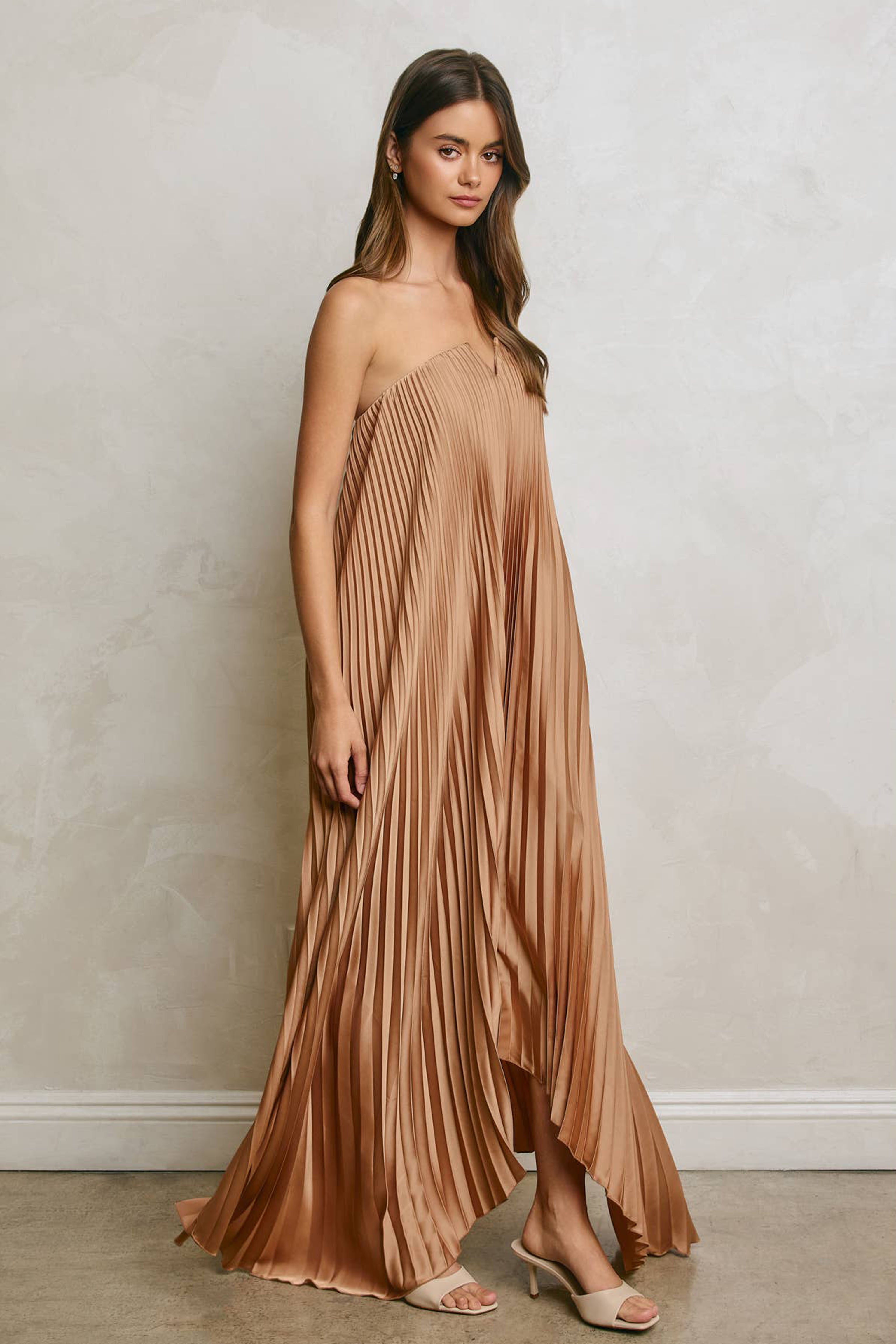 Womens Satin Pleated Maxi Dress