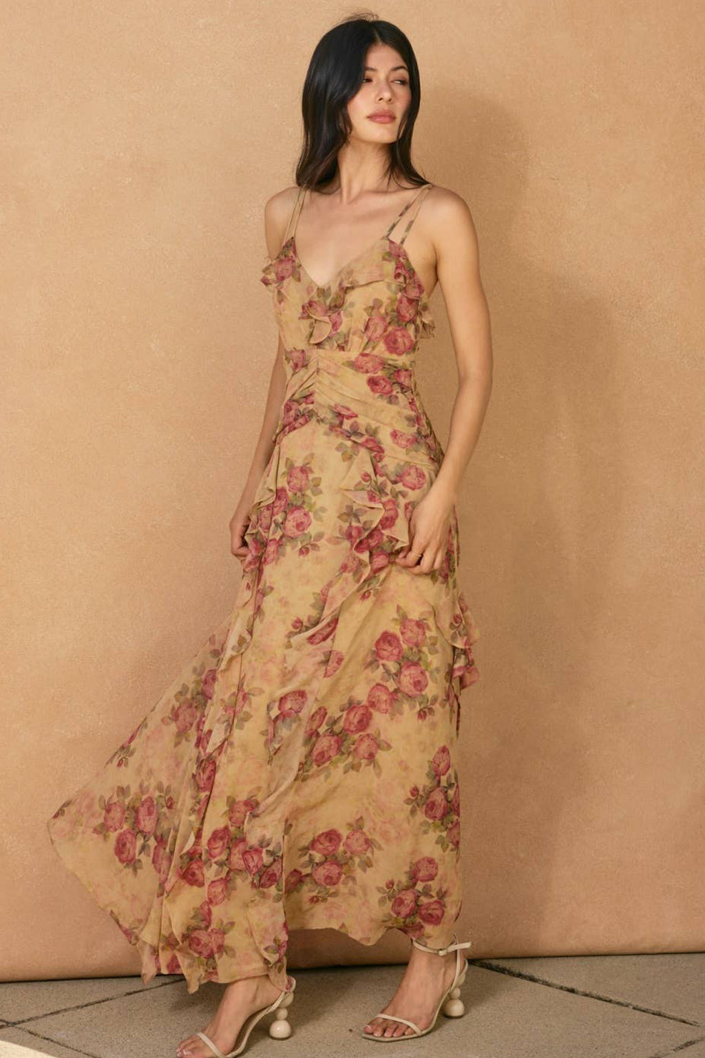 Womens Vintage Floral Ruffle Dress