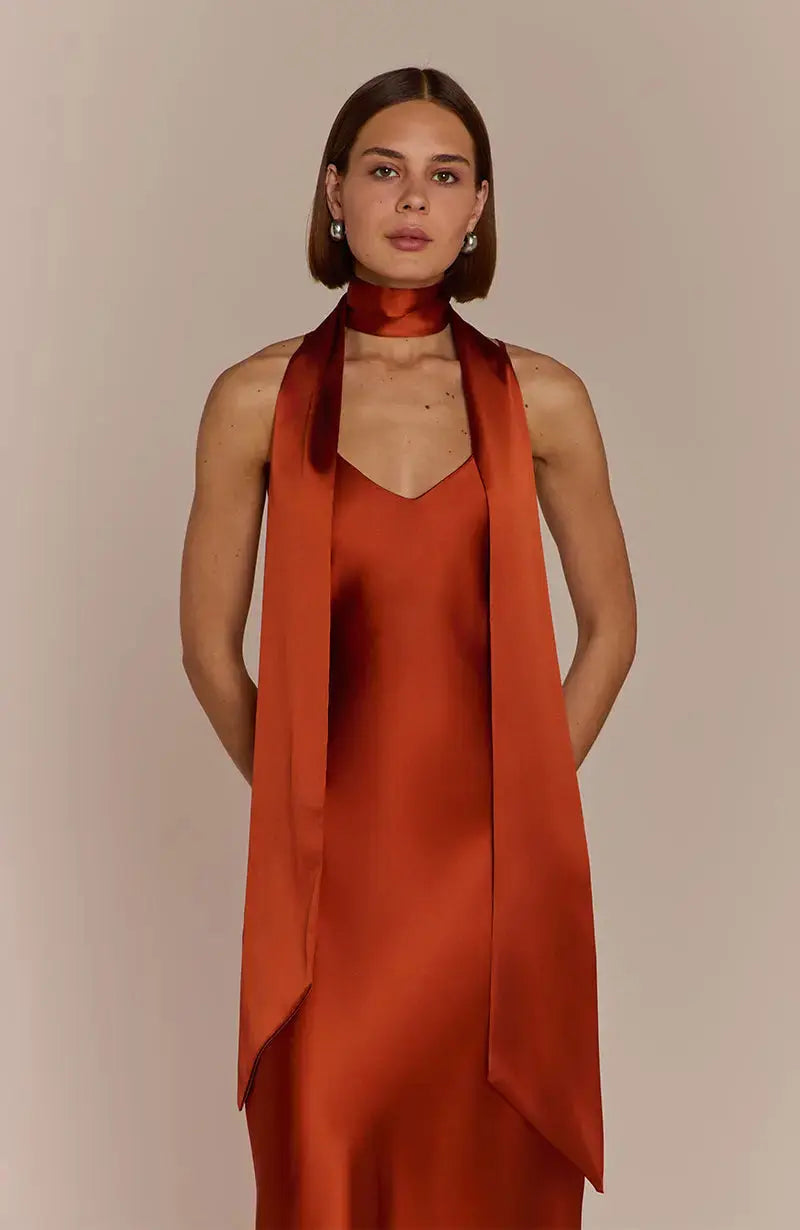Brooklyn Dress in Burnt Orange Satin