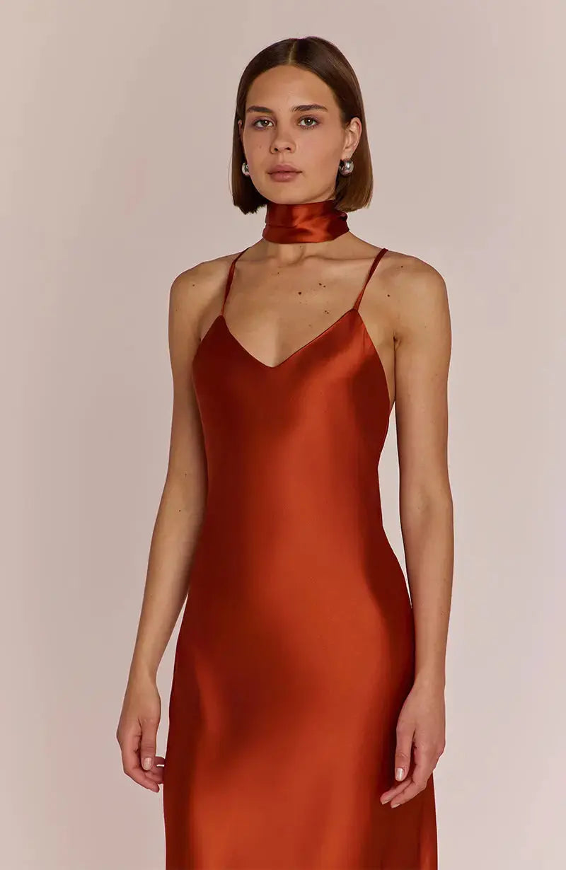 Brooklyn Dress in Burnt Orange Satin