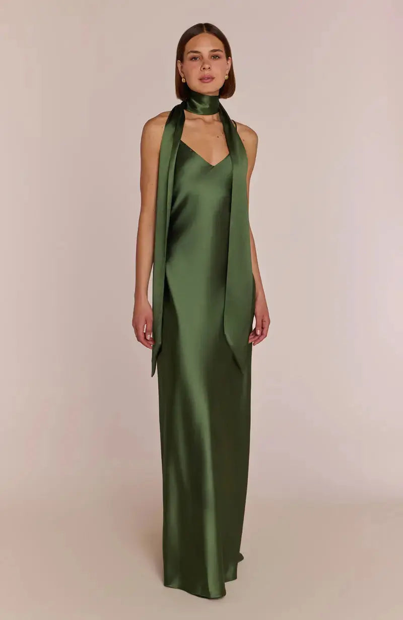 Brooklyn Dress in Olive Green Satin