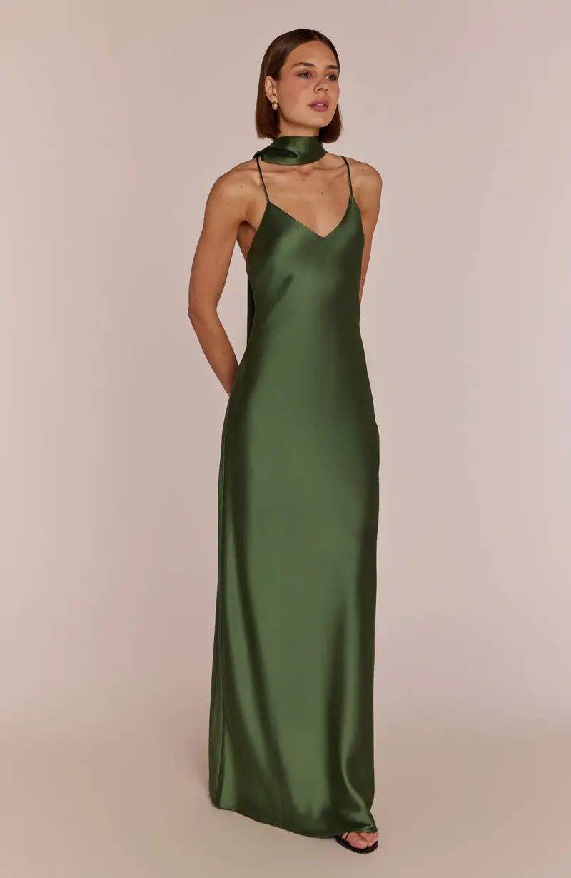 Brooklyn Dress in Olive Green Satin